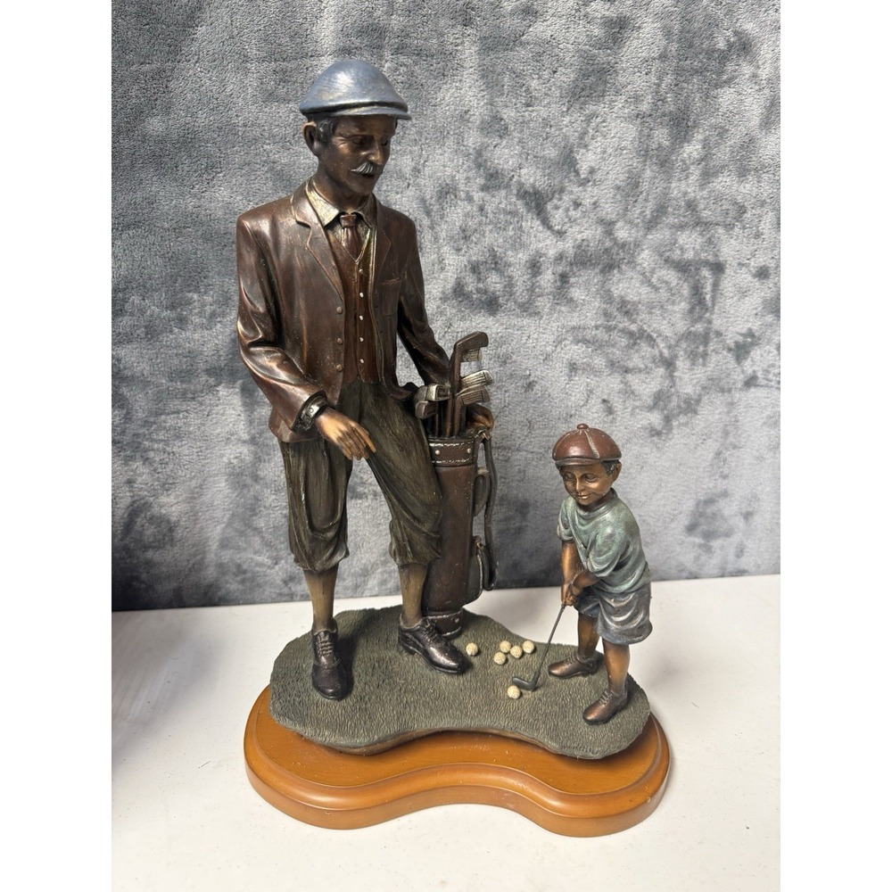 Vintage Bronze Finish Golfer and Caddie Boy Statue Figurine on Wooden Base